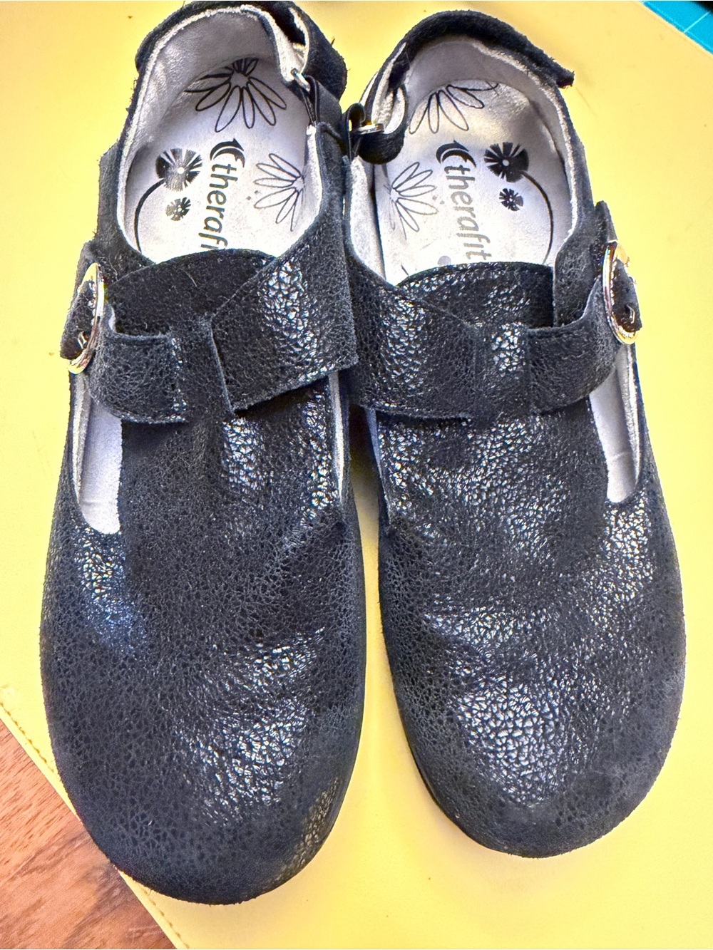 Therafit Women's Size 7.5/8 Chloe Black Mary Jane Flats with Adjustable Strap